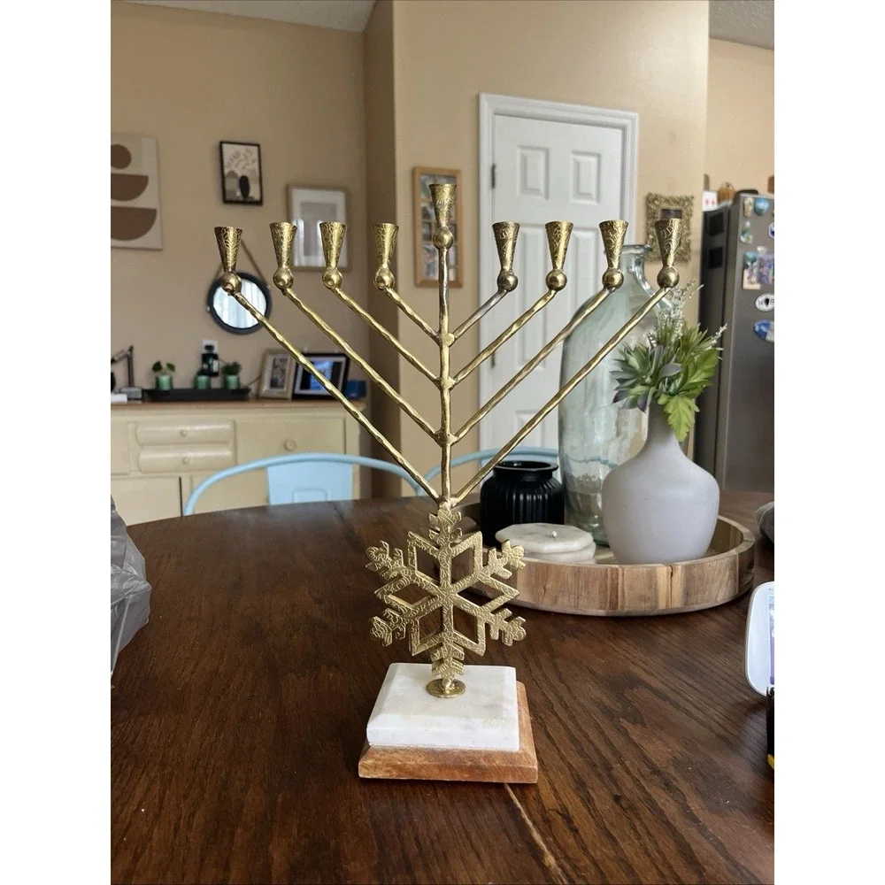 Metal Menorah With Snowflake Decor Hanukkah Brutalist Marble Wood Base See Photo